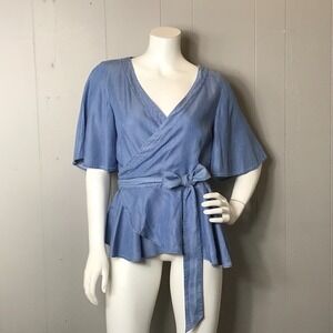 LOFT CHAMBRAY PEPLUM V NECK WRAP BLOUSE LYOCELL WOMENS SIZE MEDIUM